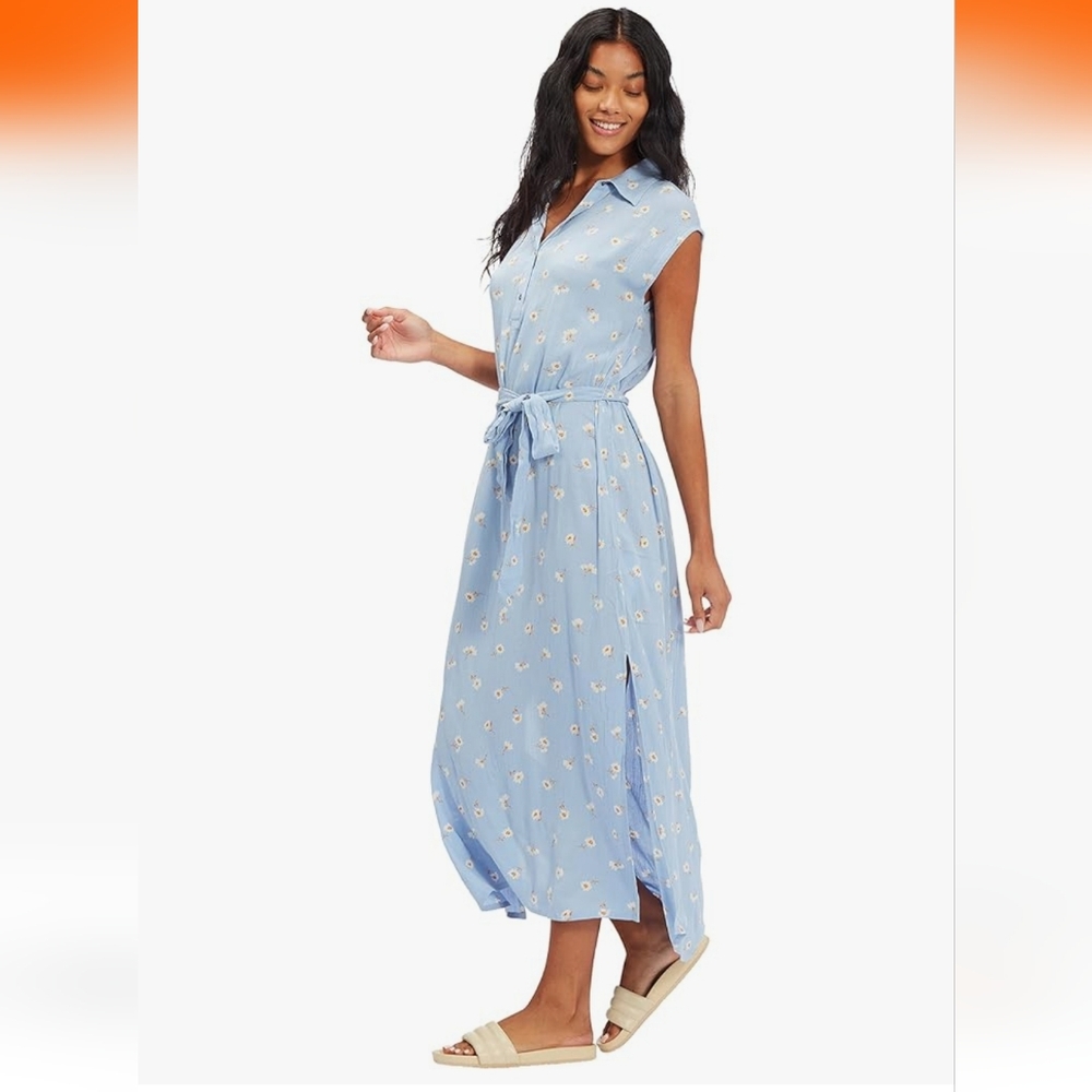 Billabong Blue Floral Dress Tie Belt Slits Buttons Collar Short Sleeves S & XS